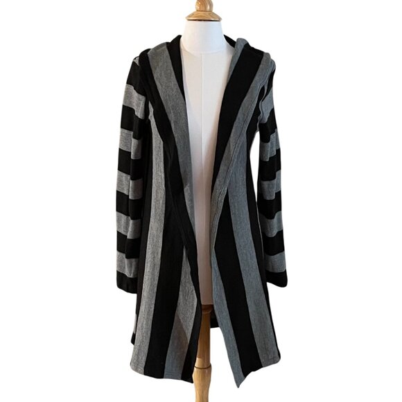 Ya Los Angeles Cotton Blend Black, Gray Stripe Long Open Cardigan Sweater Hood L - Picture 1 of 10